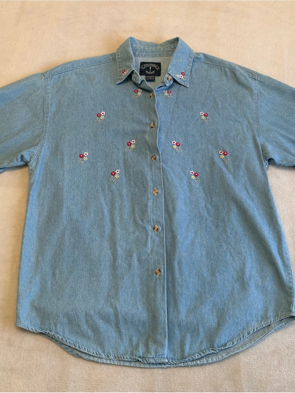 Solutions Original Denim Button Down Blouse with Embroidered Floral
